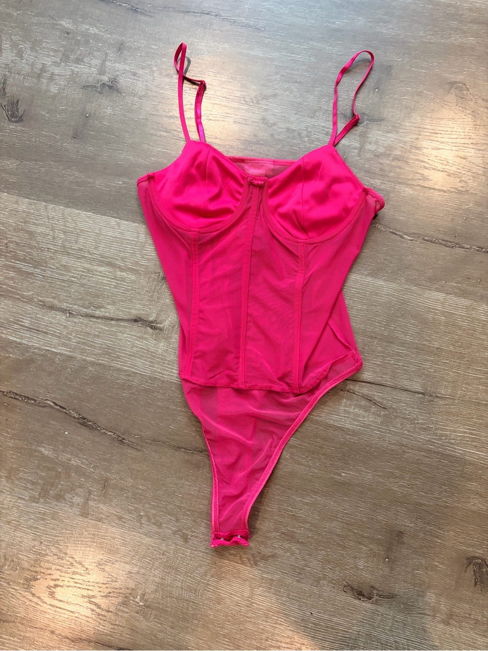 Rue 21 hot pink mesh corset-style thong bodysuit featuring underwire cups Jr M